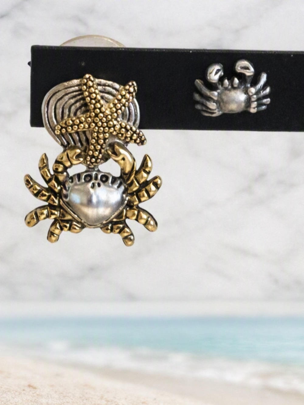 Vintage MJ Crab & Starfish Earrings – Copper & Silver “mini statement” pairing